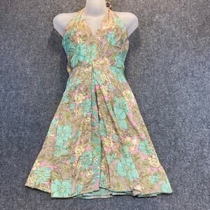 Karma Highway Boho Floral Halter Short Mini Pastel Green Pink Gold Sun Dress OS